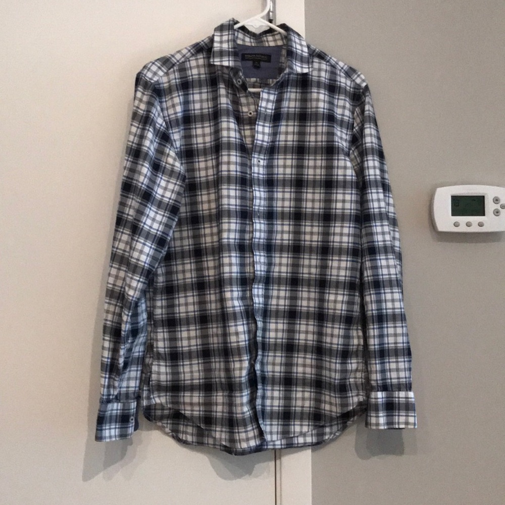 {BR} men’s blue + navy + white checked button down